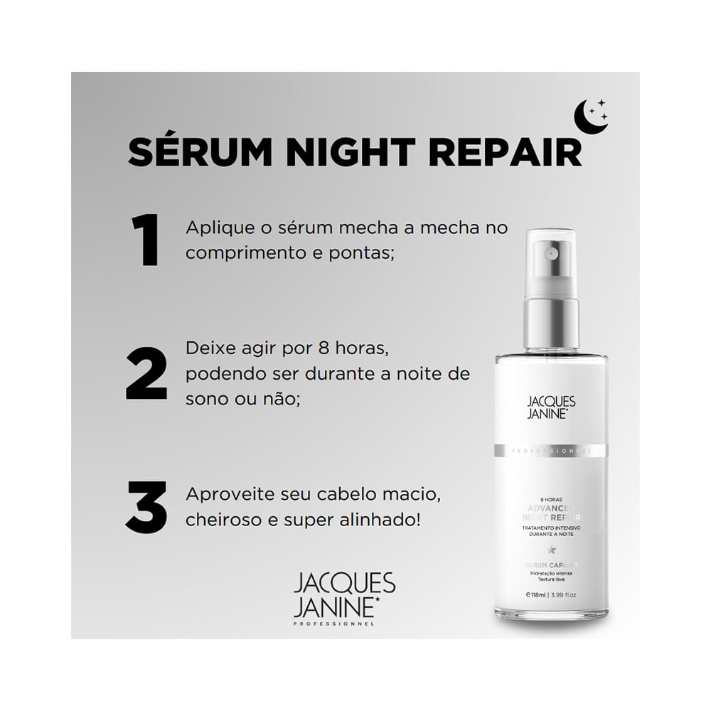 Instruções de uso do Sérum Night Repair Jacques Janine com frasco ao lado